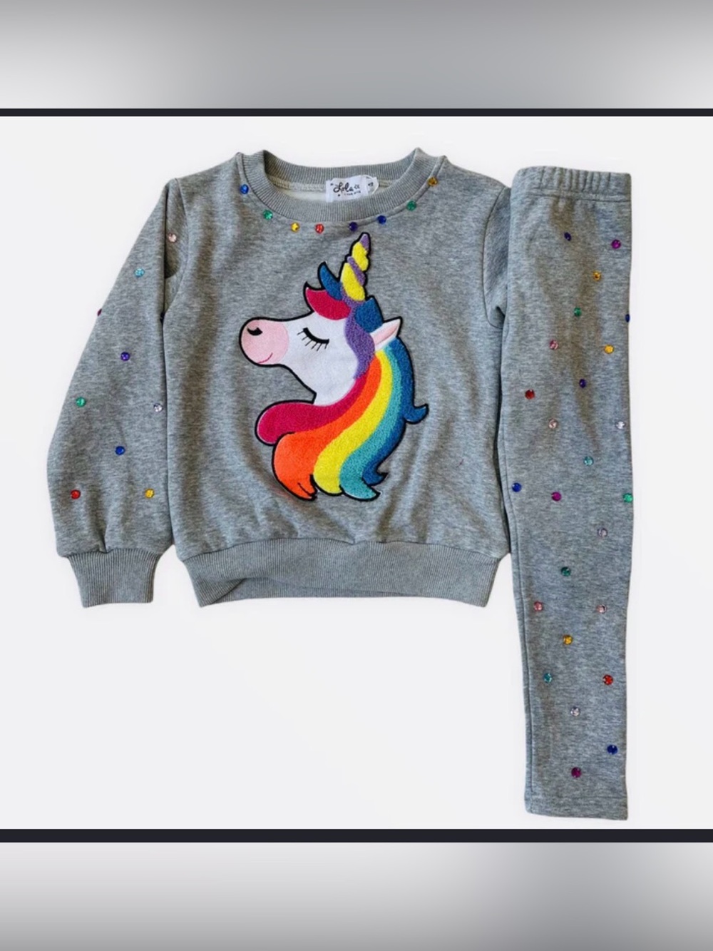 Lola and the Boys HAPPY UNICORN RAINBOW GEM SET Grey Sweatshirt & Leggings Set - Picture 3 of 14